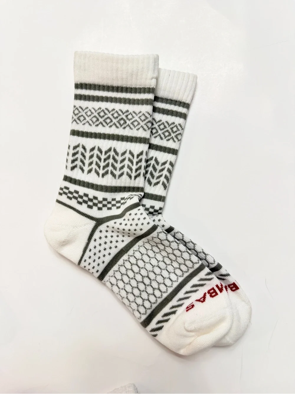Bombas Fair Isle Half Calf Socks featuring a white and gray pattern Med